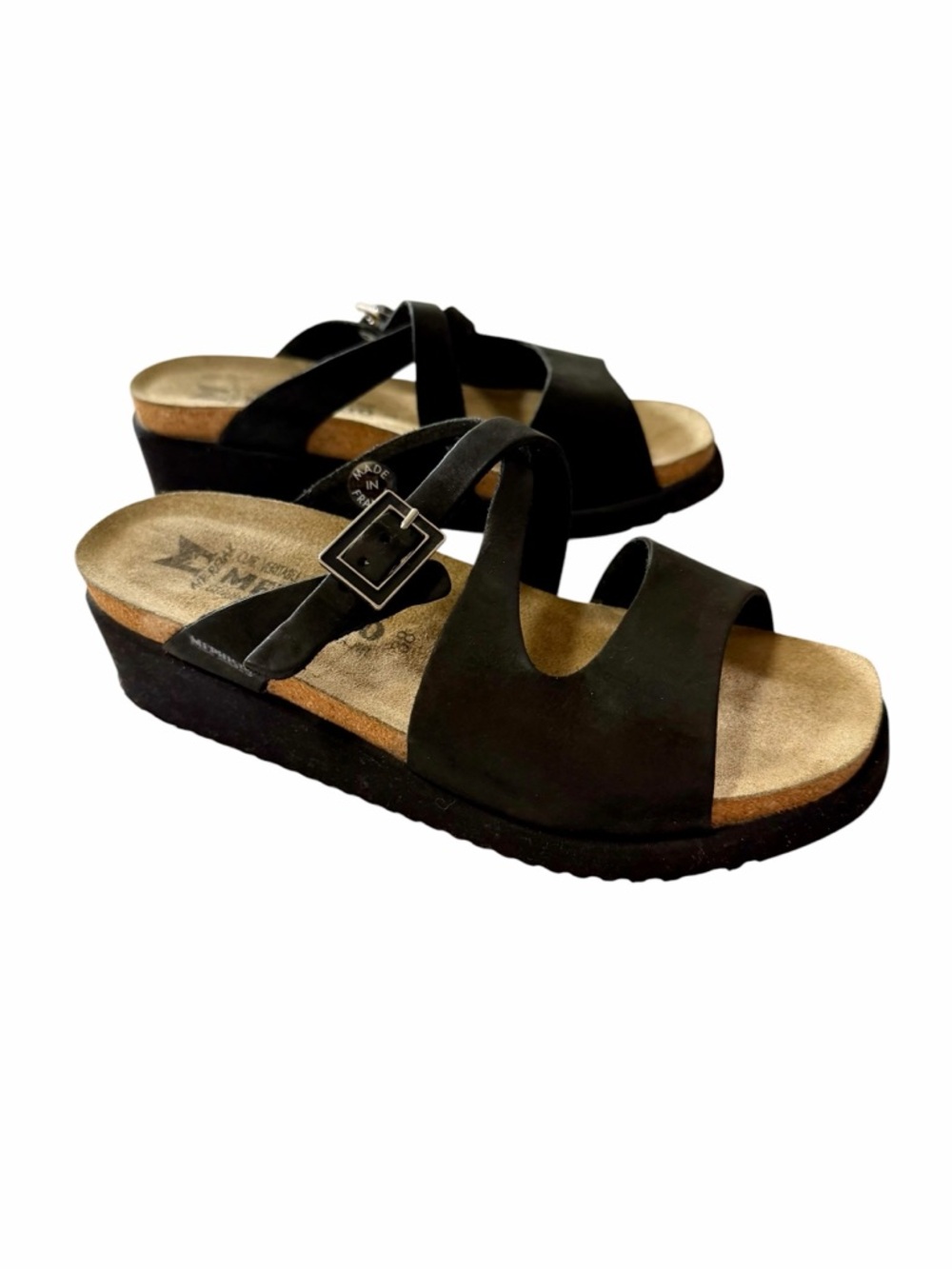 Mephisto Black Leather Sandals Size 38 Casual Spring Slide Slip on Wedge